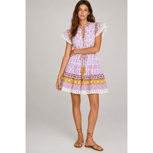 Charlee Garrott Dress XS White Purple Floral Block  Mini Cotton Eyelet Boho $188